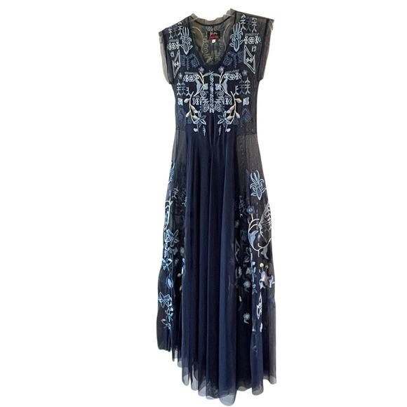 JOHNNY WAS BIYA Mesa Size Small Navy Blue Mesh Floral Embroidery Boho Maxi Dress - Picture 11 of 16